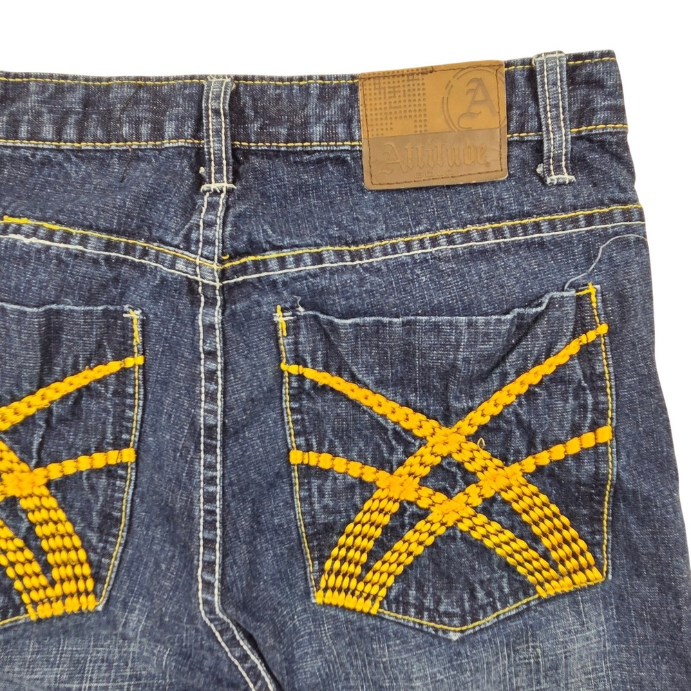 Y2K Attitude Gold Baggy Wide Leg Blue Jeans Yellow Stitching‎ Youth 18 (30x31)